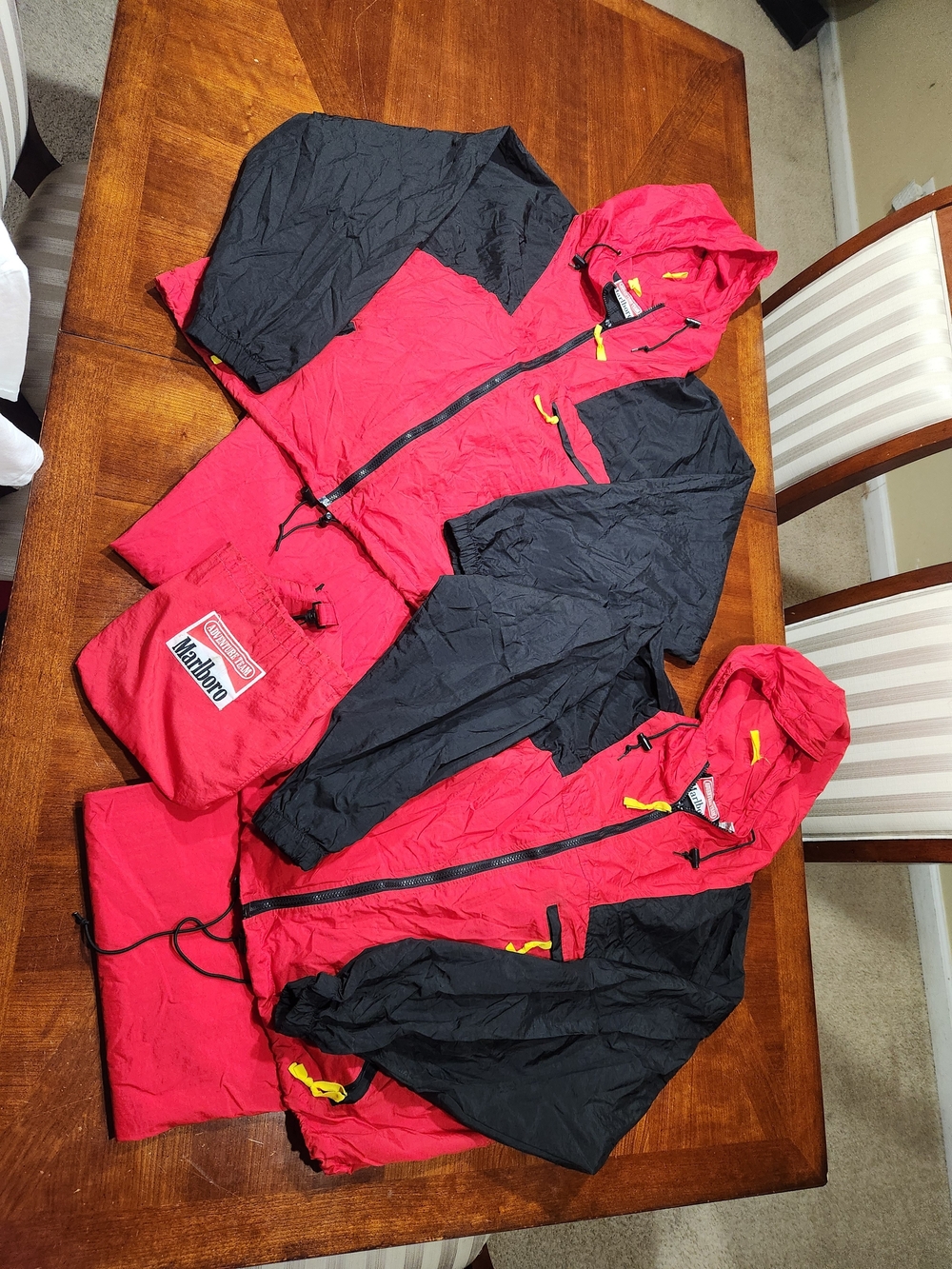2 Vintage Marlboro Red and Black Hooded Raincoat Jacket Sets Size Large & XL